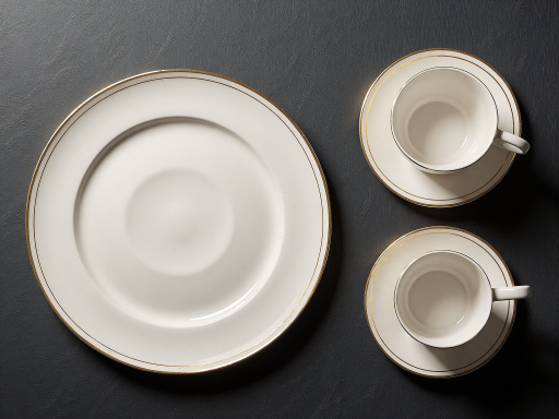 Exquisite ceramic dinnerware set display, white porcelain plates and bowls, gold edge decoration, dining table setting, indoor lighting