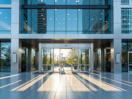 Corporate office building exterior view, modern architectural facade, glass curtain wall reflecting sunlight, surrounding green environment, enterprise signage clearly visible
