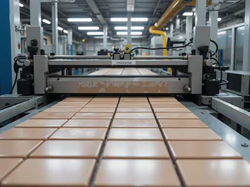 Modern ceramic production workshop, workers operating machinery, neat rows of ceramic semi-finished products, industrial lighting, employees in blue work uniforms