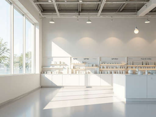 Interior view of Xiamen showroom, spacious bright space displaying various ceramic samples, modern lighting equipment, business negotiation area, white walls with wooden display racks