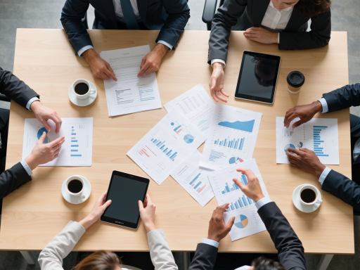 International trade meeting scene, multinational business people seated around conference table, displaying product samples, business documents, modern conference room environment