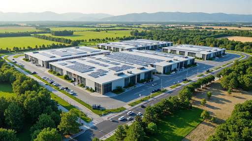 Dehua production base panoramic view, large factory building complex, modern production equipment, well-planned厂区 roads, green vegetation点缀