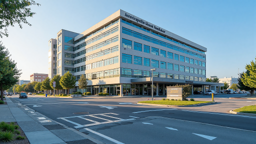 Xiamen trading hub exterior view, modern office building complex, spacious parking lot, landscaping surrounding, prominent enterprise signage